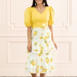 Rachel Parcell Summer White Yellow Green Lemon Ruffle Tierd Midi Dress Skirt